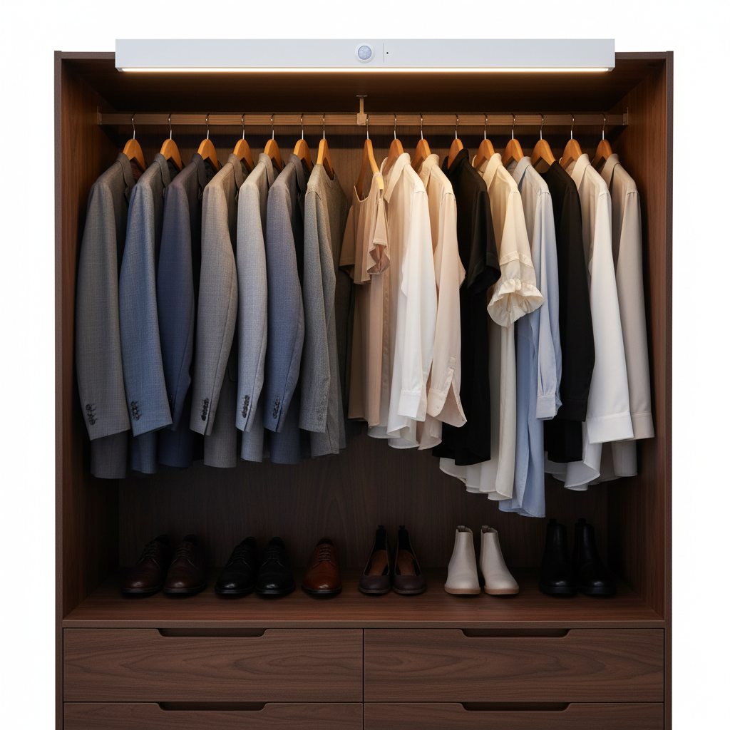 Wireless motion sensor LED light illuminating clothes inside a dark wardrobe