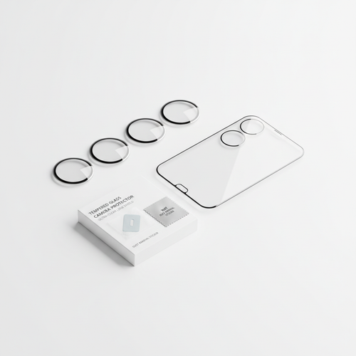 Tempered glass phone camera lens protector on white background